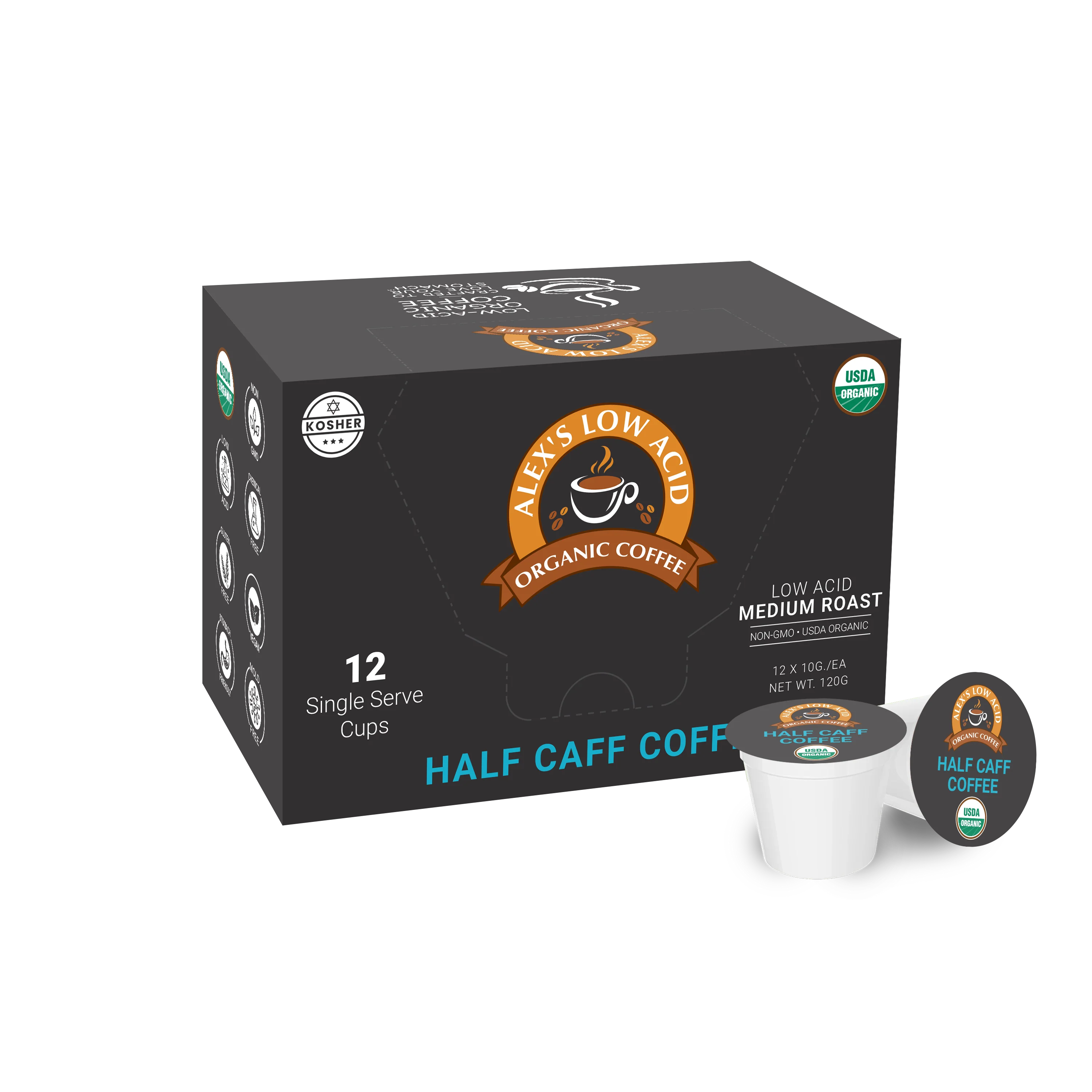 Alex's Low Acid Organic Coffee™ Single Serve Cups - Half Caff