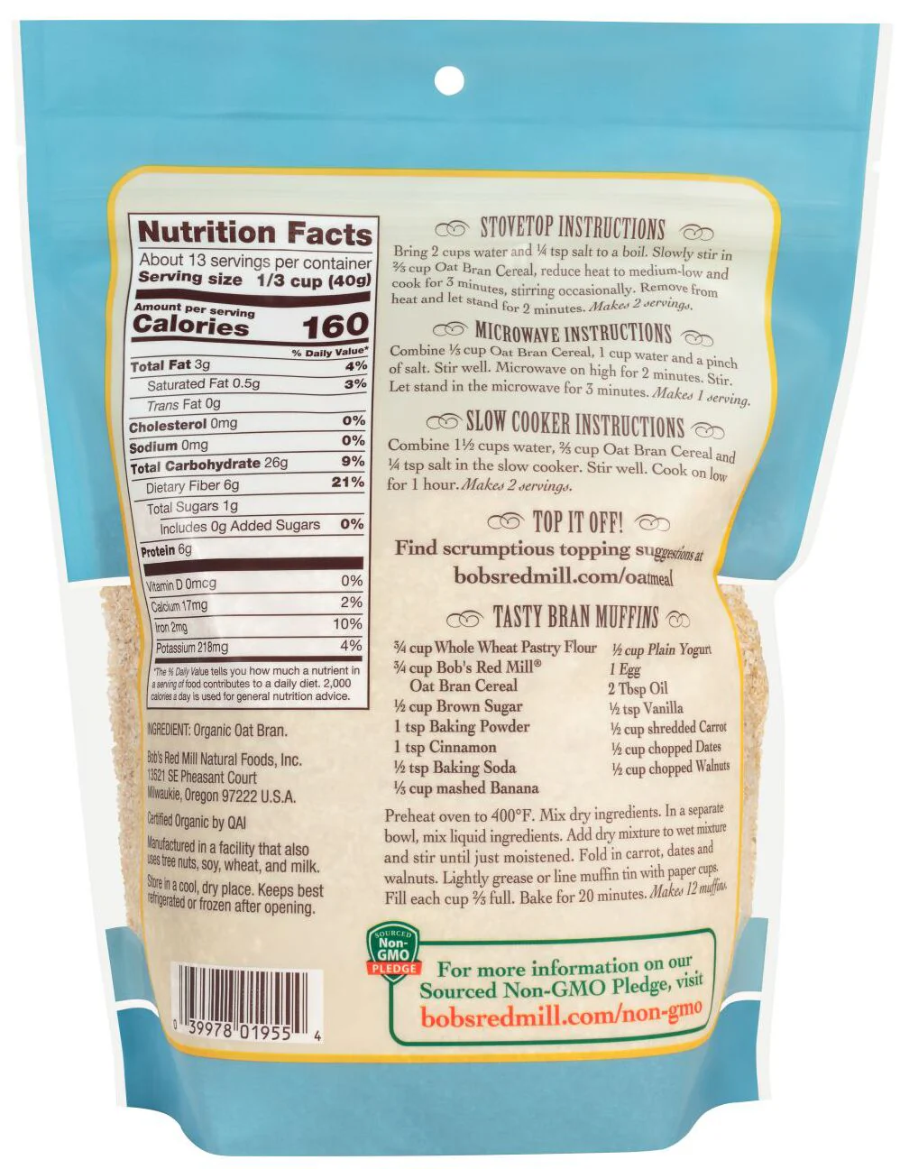 Bob's Red Mill Oat Bran Hot Cereal, Organic, High Fiber 18 oz. - Image 2