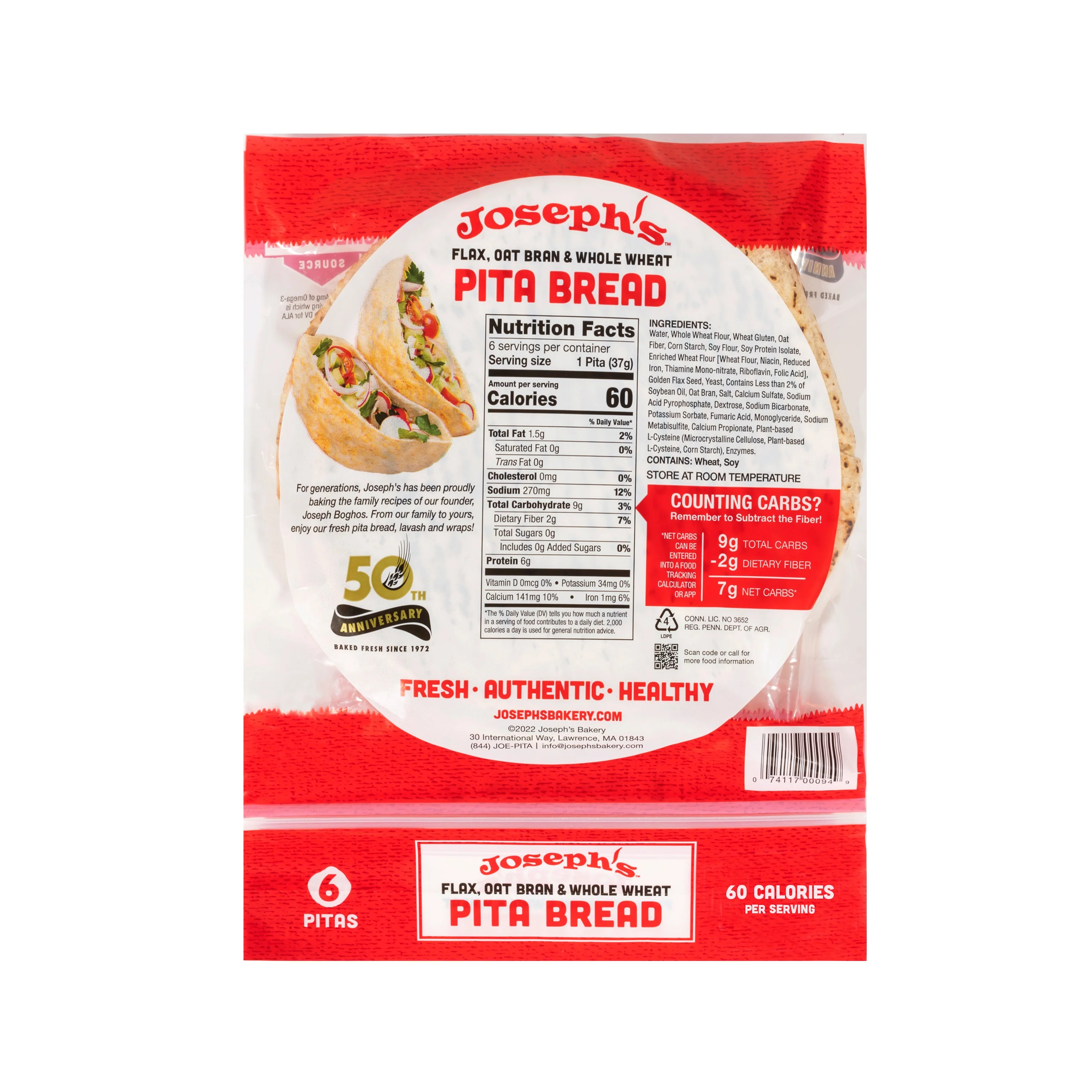 Joseph's Bakery Flax Oat Bran & Whole Wheat Pita Bread - Image 2