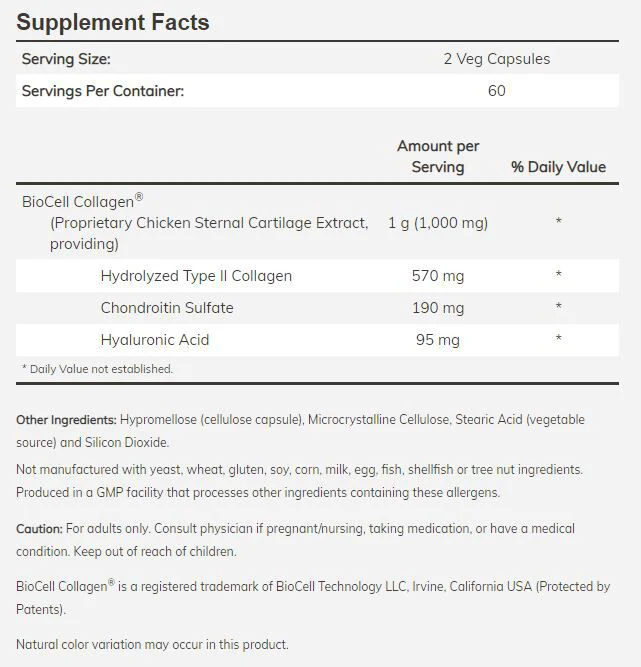 NOW BioCell Collagen, Hydrolyzed Type II 120 veg capsules - Image 2