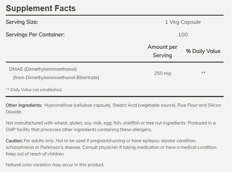 NOW DMAE 250mg - 100 veg capsules - Image 2