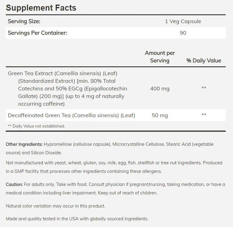 NOW EGCg Green Tea Extract 400 mg - 90 veg capsules - Image 2