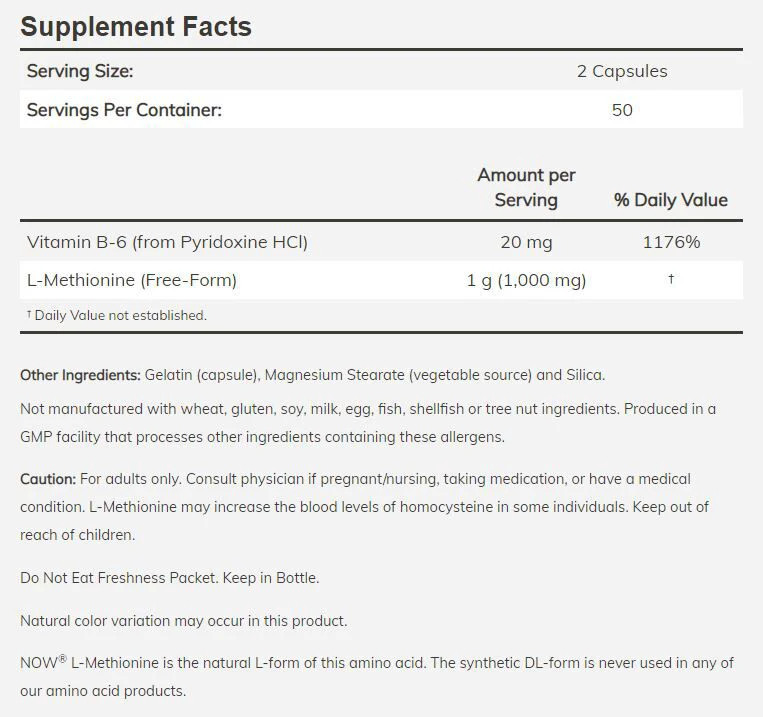 NOW L-Methionine, 500mg 100 Capsules - Image 2