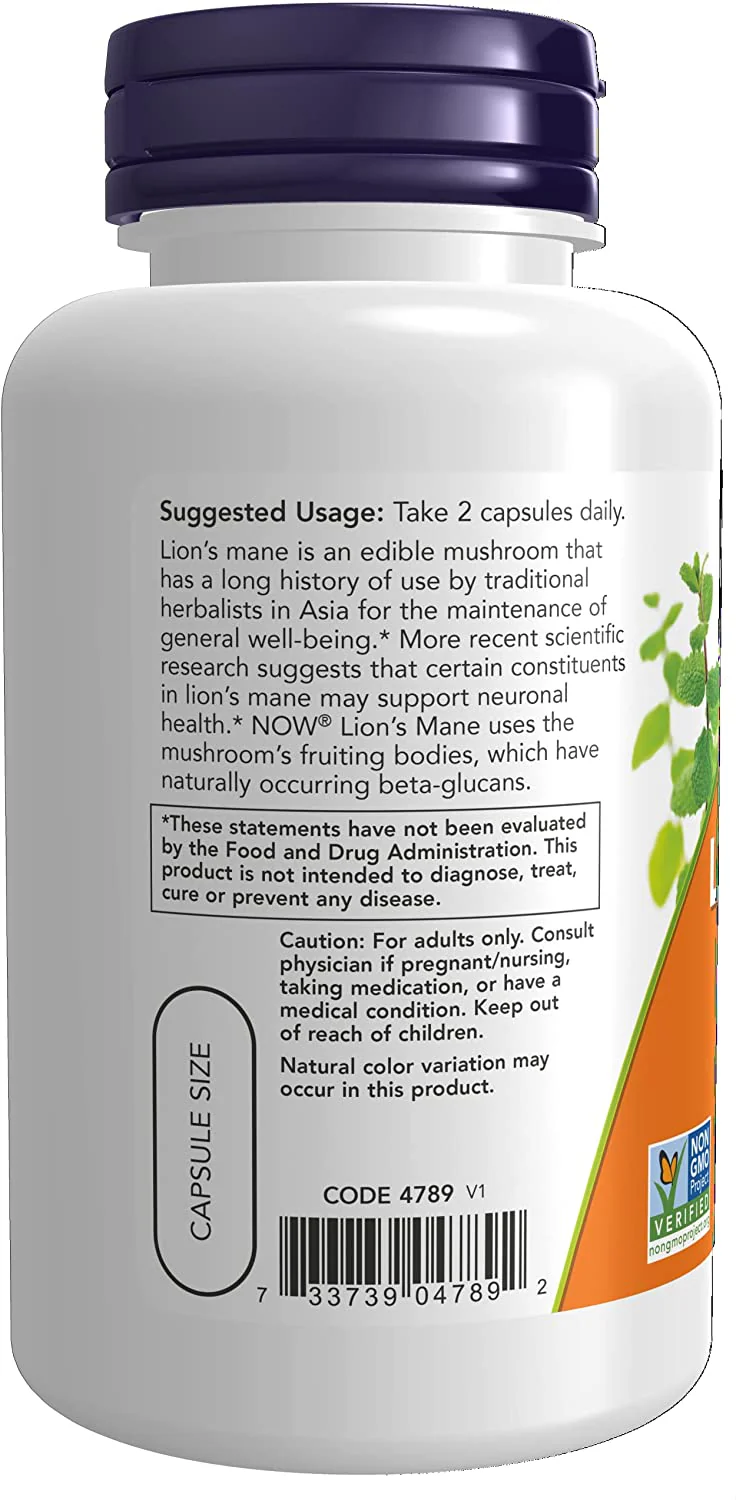 NOW Lion's Mane, 500 mg 60 veg capsules - Image 3