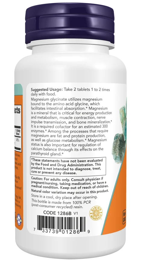 NOW Magnesium Glycinate Tablets, 90 Tablets - Image 3