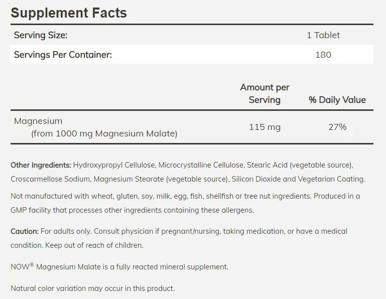 NOW Magnesium Malate 1000mg - 180 tablets - Image 2