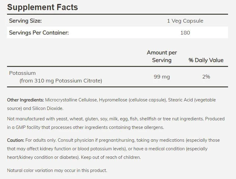 NOW Potassium Citrate 99mg - 180 veg capsules - Image 2