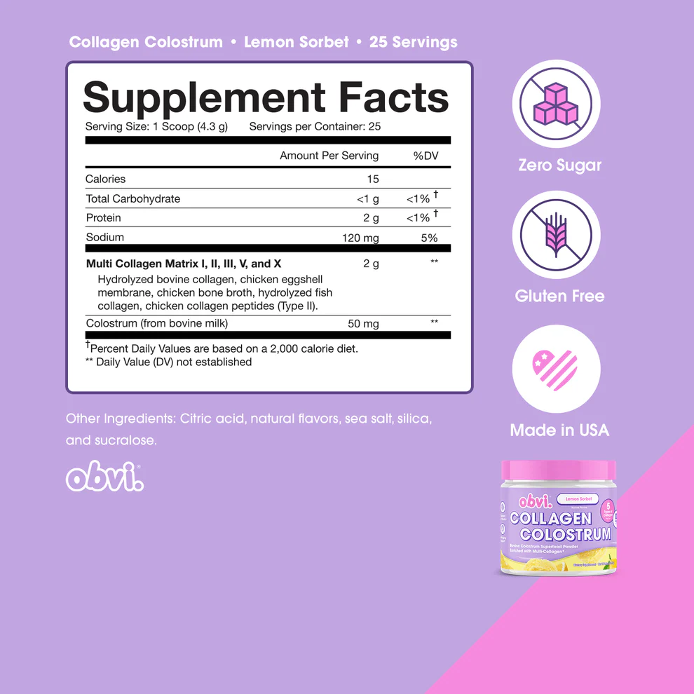 Obvi Collagen® Colostrum, 3.8 oz - Lemon Sorbet - Image 2